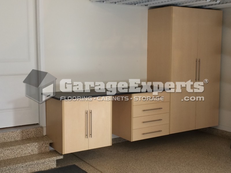 Saddle Tan Epoxy Floor Maple Cabinets Overhead Storage In